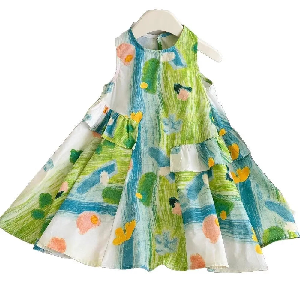 Girls Casual Dresses Flower Printing Ruffled Sleeveless Casual Dress