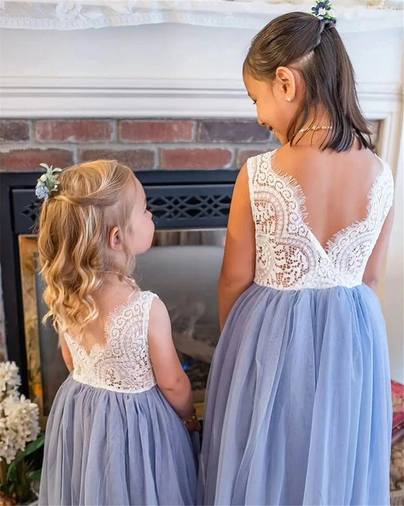 Girls Fashion Open Back Princess Dress 3-12 Years Old New Mesh Lace Long Dress