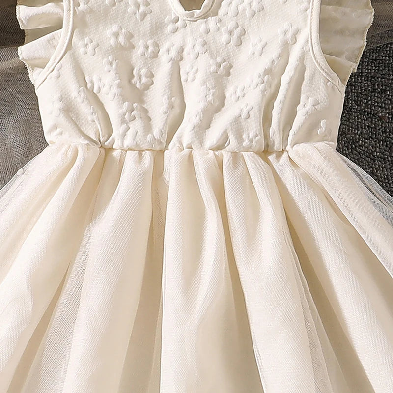 Dress For Girls Yellow O-Neck Fly-Sleeve Tulle Bowknot