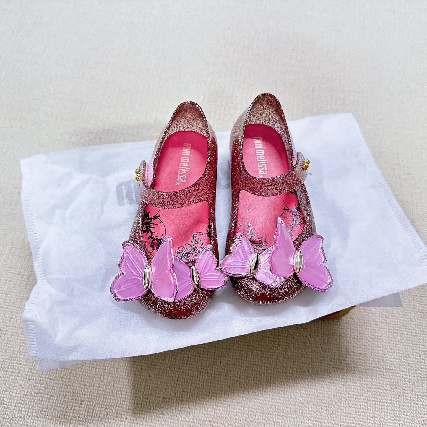 Children's Fashion Shoes Pink Metal Sequins Three-dimensional Butterfly Rhinestone Jelly Girls' Beach Sandals Trendy Shoes
