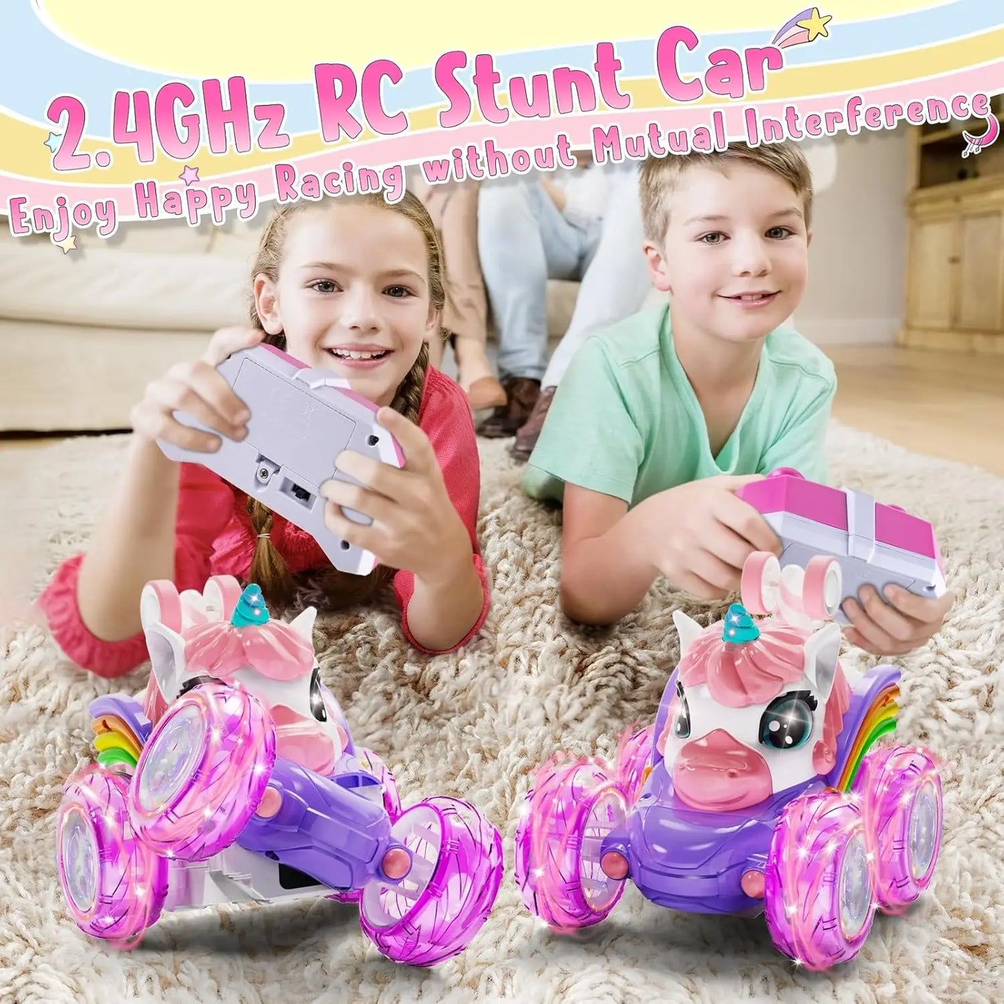 Unicorn Remote Control Car for Girls, 360° Rotating 4WD Stunt RC Cars with Cute Lights
