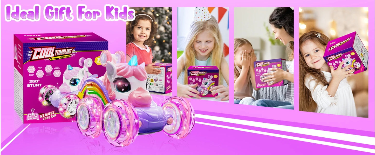 Unicorn Remote Control Car for Girls, 360° Rotating 4WD Stunt RC Cars with Cute Lights