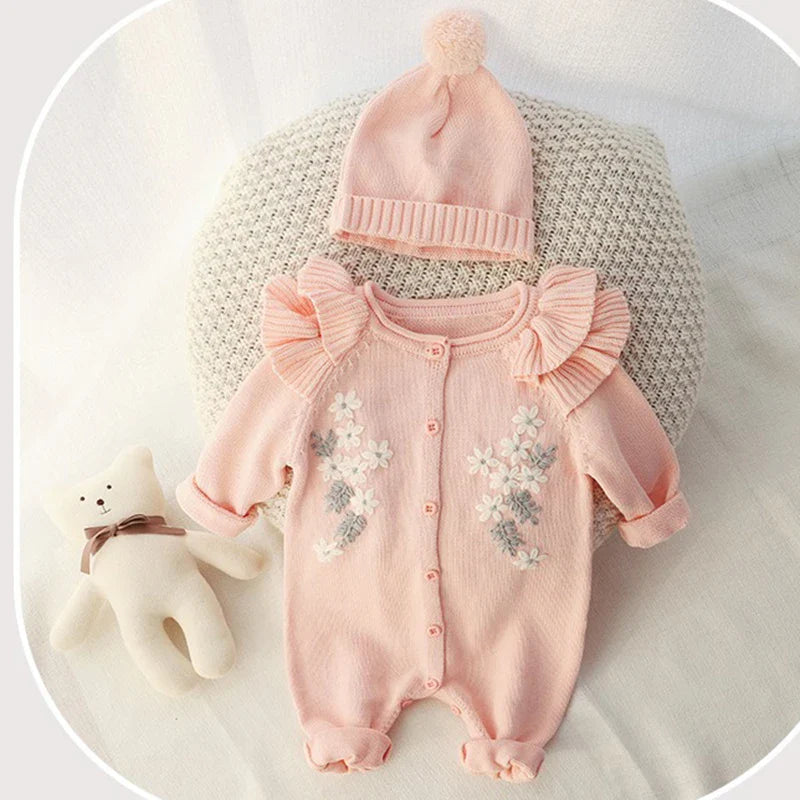 Embroidery Flower Knitted Romper Set