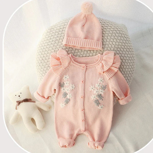 Embroidery Flower Knitted Romper Set