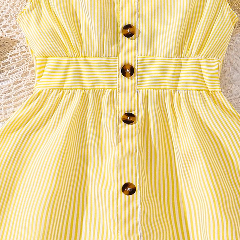 4-7 Years Girl Dress Summer New Stripe Ruffled Sleeveless V-Neck Dress