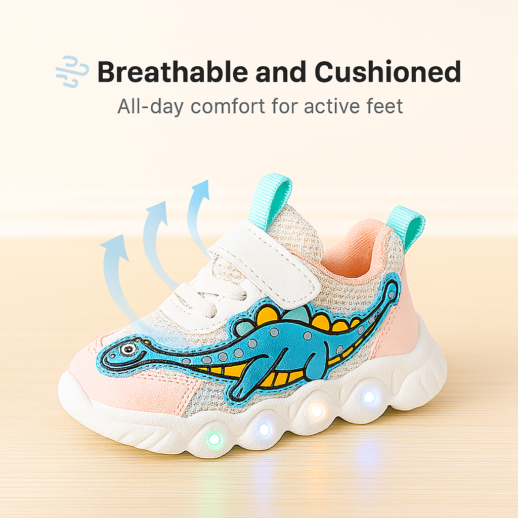 Children's sneaker with dinosaur design on a beige background, highlighting breathability and cushioning.