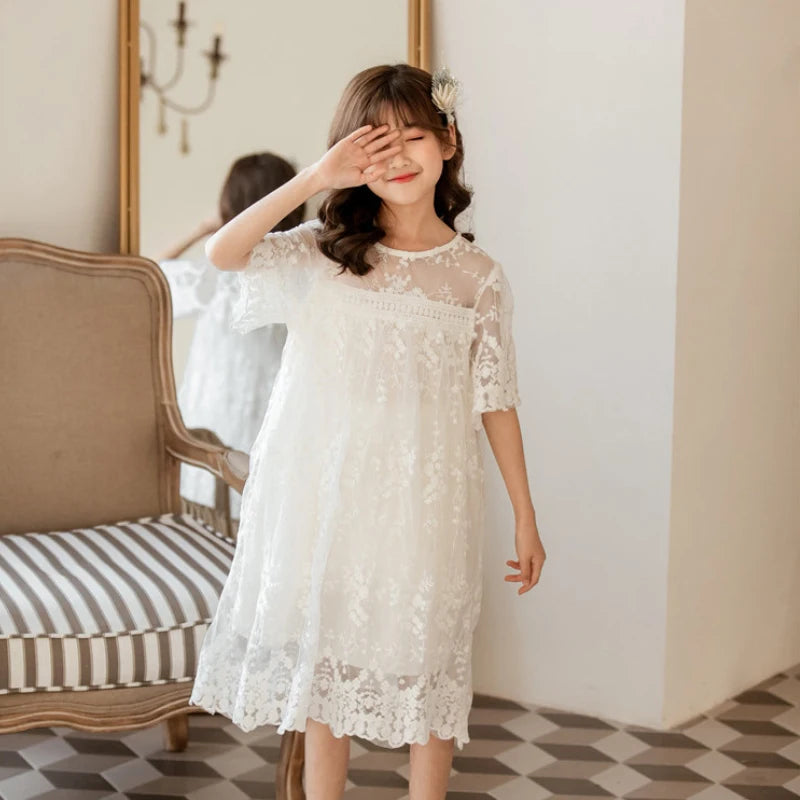 Teen Girls White Lace Dress Cute Long & Short Sleeve Princess Wedding Party Dress