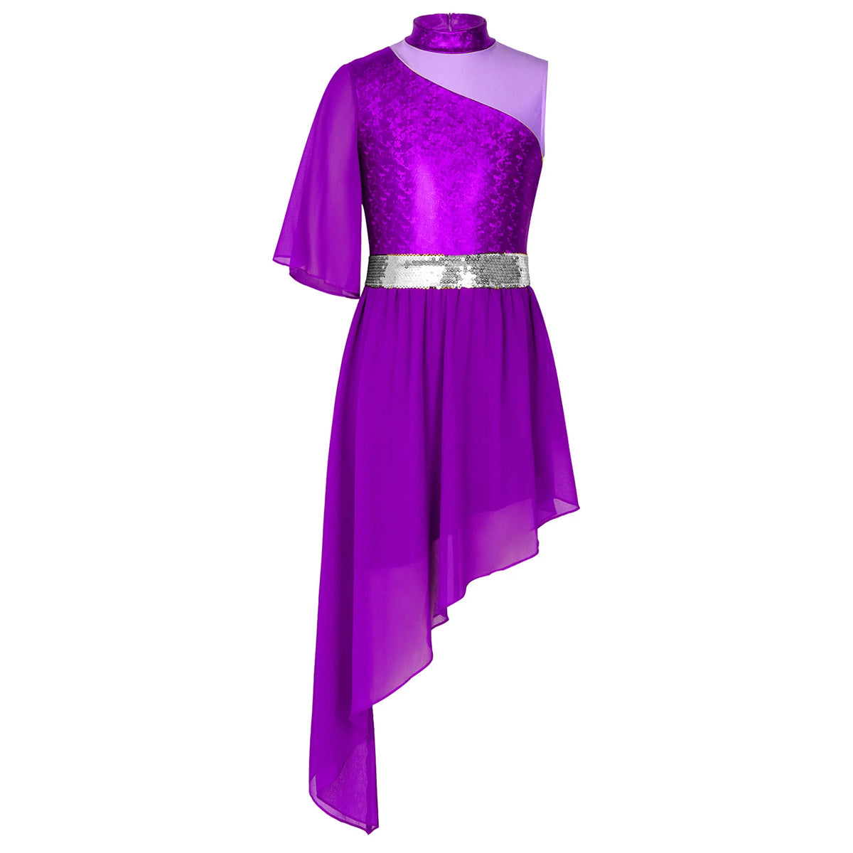 Kids Girls Lyrical Contemporary Worship Liturgical Praise Dance Dress Flare Sleeve Sequin Splice Dress Performance Costume