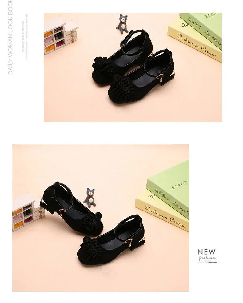 Girls Party Shoes High Heeled Fashion Princess with Flowers Sweet Chic Kids Leather Shoes for Wedding Model Shoes Ankle-strap