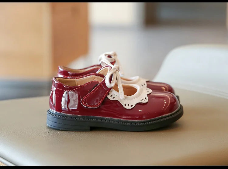 Girl's Princess Shoes Wine Red Black Ruffles Elegant Patent Leather Bowknot Children Flat Shoes 21-35 Toddler Kids Single Shoe