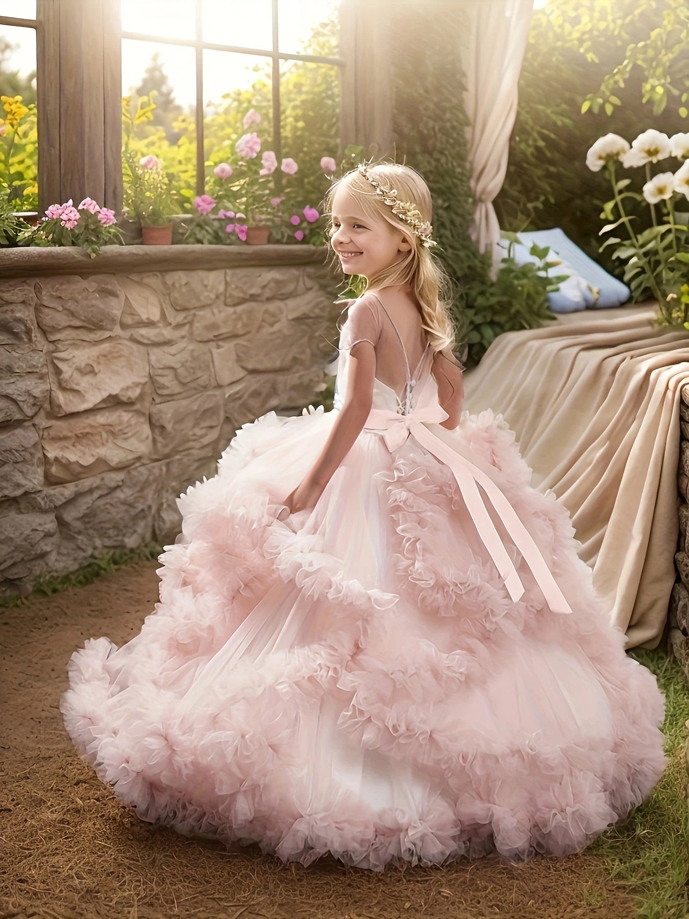 Girls Pageant Prom Dress - Tulle Beaded Ball Gown
