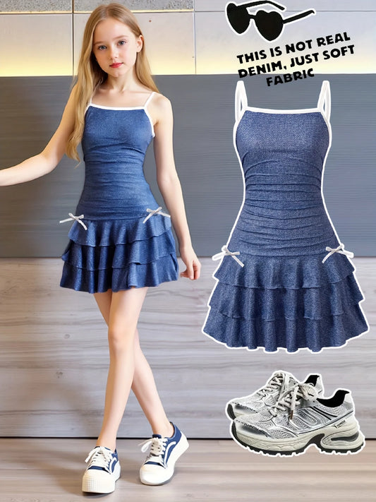 Girls' Casual Dress, Trendy Item for Girls, Faux Denim Print Suspender Dress