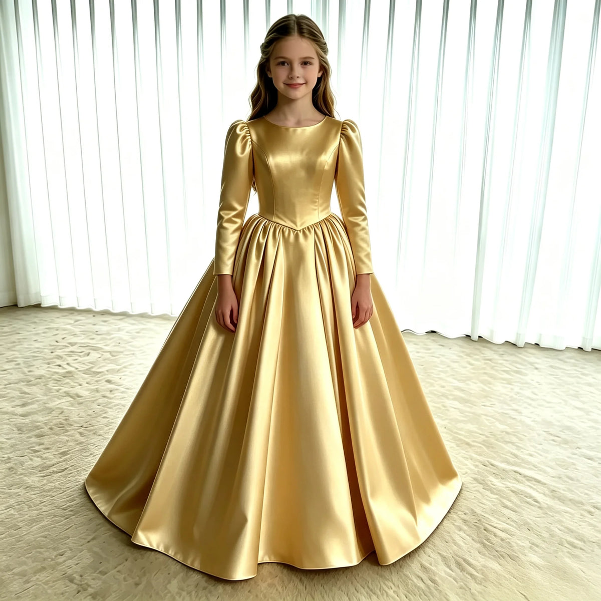 Girls First Communion Dress New Long Sleeves Satin Elegant Tail Evening Gown Girls Wedding Party Princess Dress for Juniors