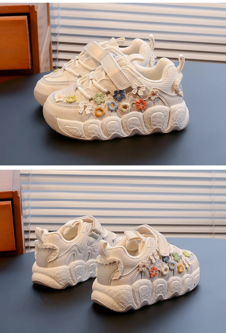 Fashion Leather Sneakers for Girls Children Casual Sports Shoes Floral Pattern Shoes for Kids Comfortable Walking Shoes