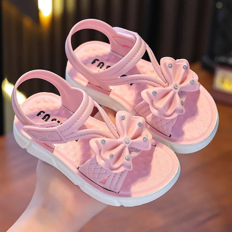 New Summer Bow Pearl Ornament Flat Sandals For Girls Aged 1-7 Children Slippers Non-slip Outdoors Seabeach Flip Flops Kids Shoes