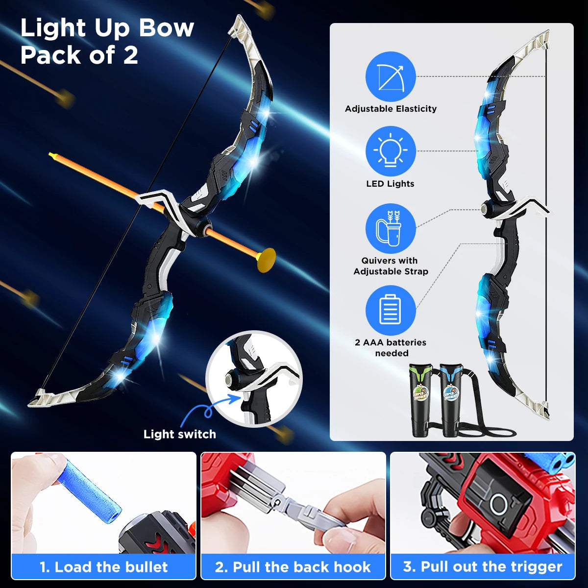 VATOS 2X Bow Arrow + Guns Toy For Kids Night-Light Archery Stand Target Board