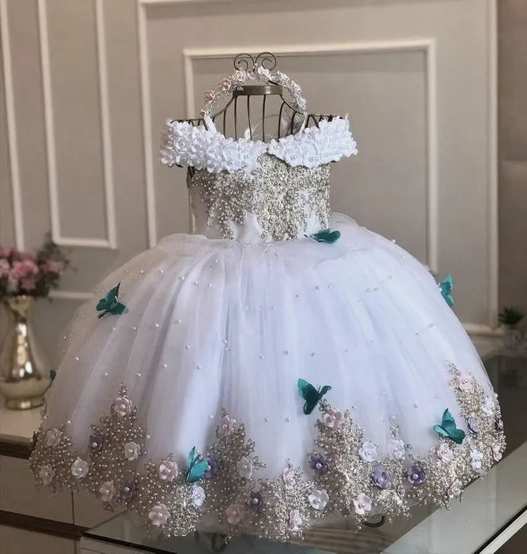 Baby Girls Dresses Off Shoulder Pearls Lace Butterflies Flower Princess Dress