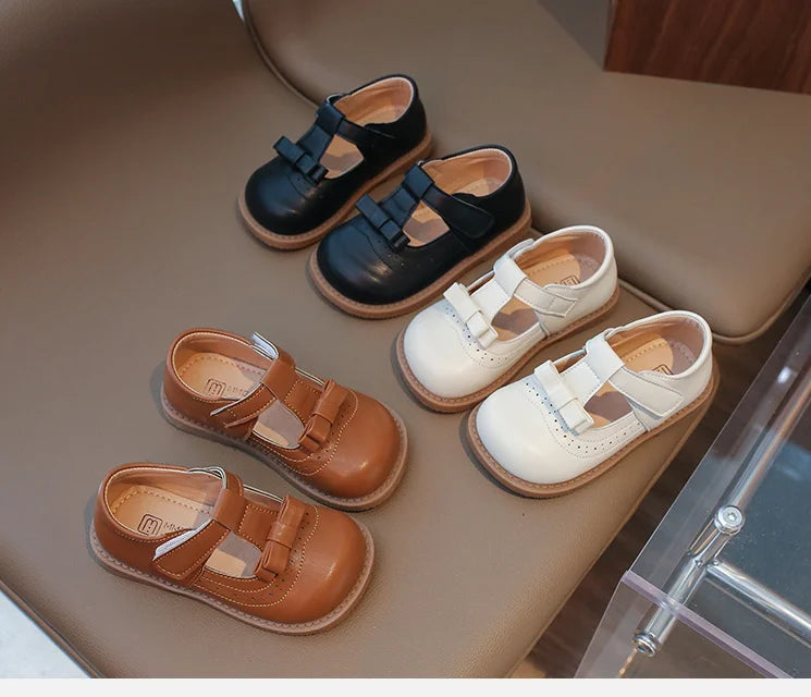 Girl's Bow Princess Shoes Leather Shoes 2026 Spring New Fashion Soft Sole Children's Single Shoes Soft Sole T-strap Kids Shoes