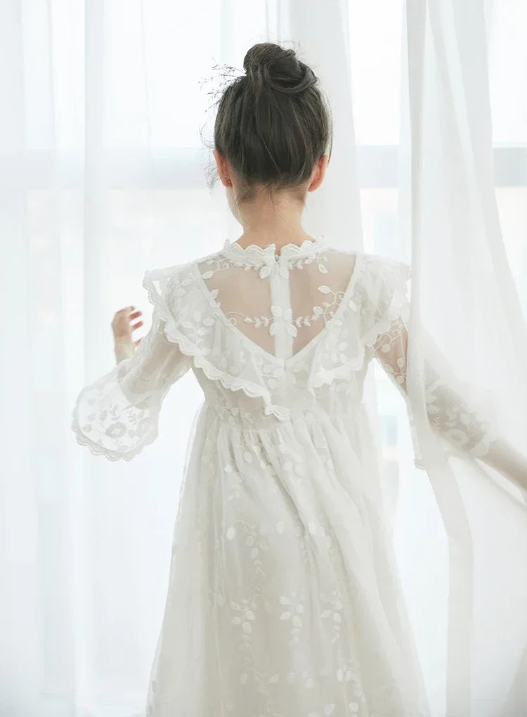 Korean Girls Dress Princess Party Wedding Lace Embroidery Long Dress