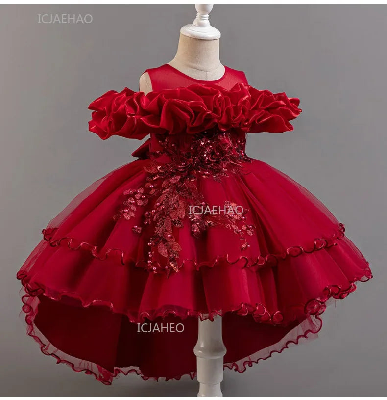 Girls Flower Girl Dress with Train Tulle Princess Gown Christmas Birthday Party Pageant Formal Dresses Kids Children Clothing
