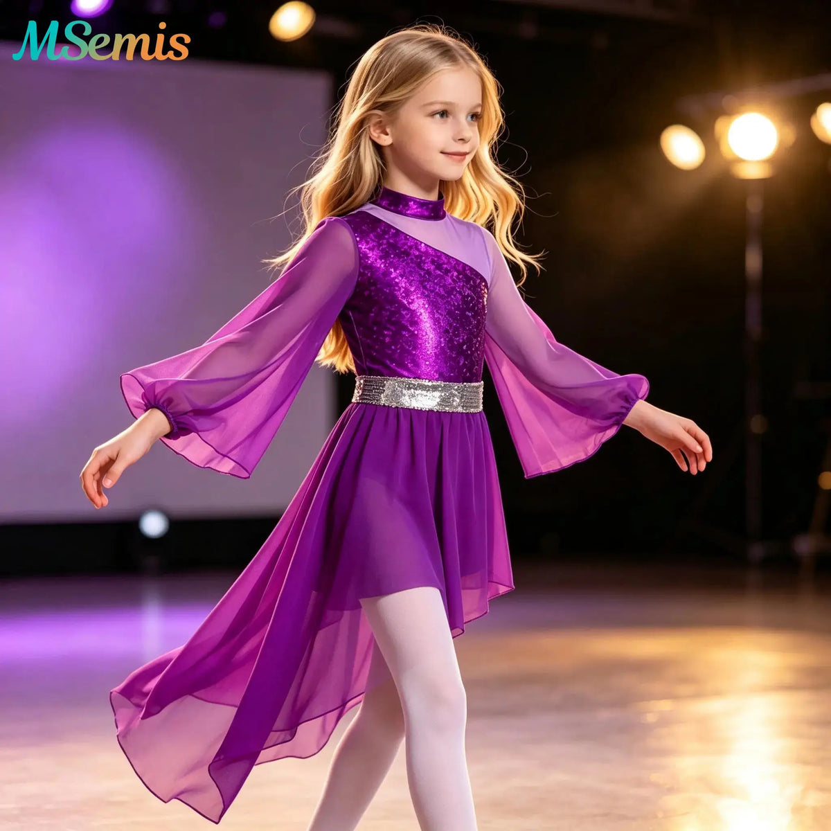 Kids Girls Lyrical Contemporary Worship Liturgical Praise Dance Dress Flare Sleeve Sequin Splice Dress Performance Costume