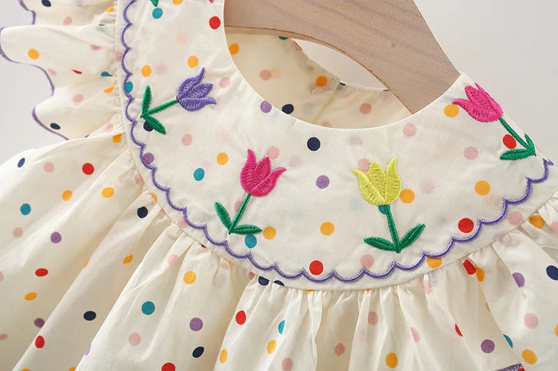 Kadia Polka Dot Baby Dress with Flower Embroidery