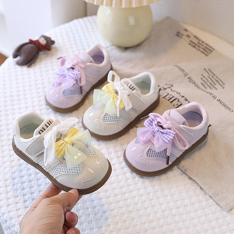 Girls Casual Shoes Spring Summer Children Hollow Sneakers with Cut-outs Breathable Holes Cute Bow-knot Soft Comfortable Sweet