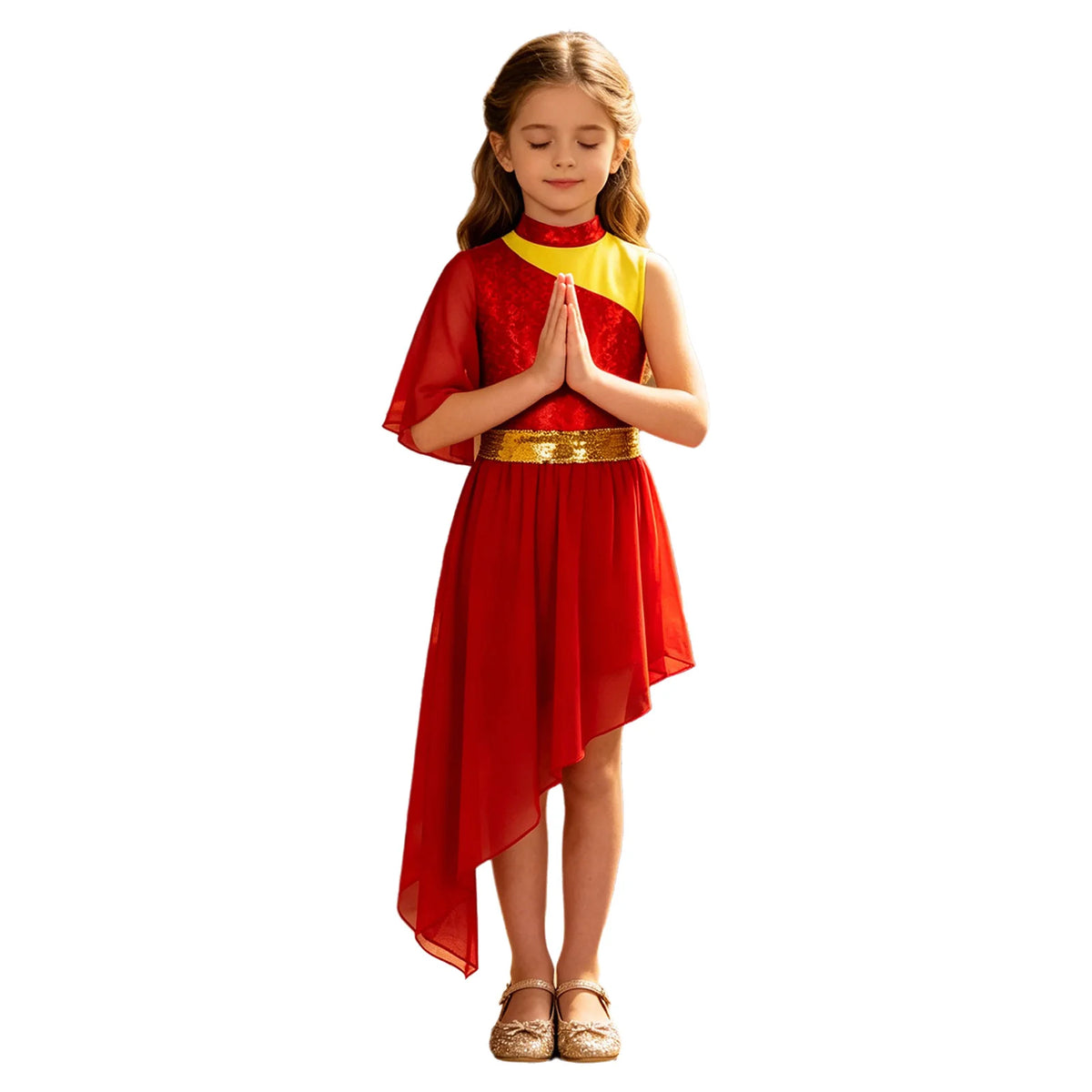 Kids Girls Lyrical Contemporary Worship Liturgical Praise Dance Dress Flare Sleeve Sequin Splice Dress Performance Costume