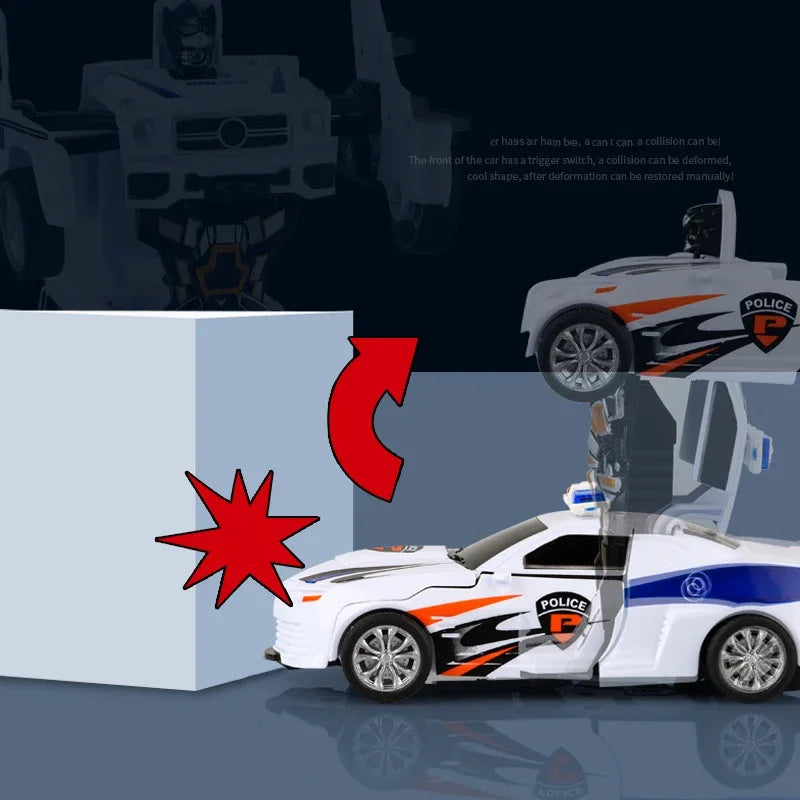 2 In 1 Car Toys Children's Collision Automatic Deformation Police Car Toy Boy Inertia Impact One-Button Transform CarRobot Model