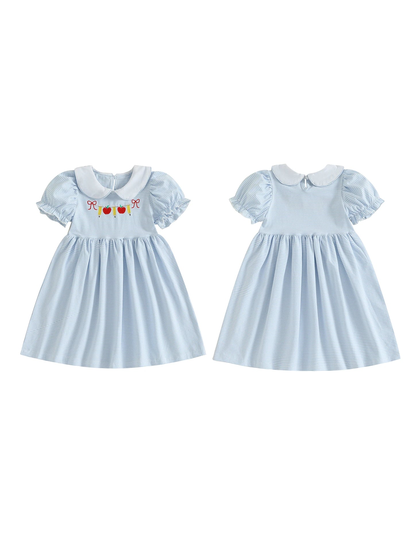 Striped Floral Print Back to School Dress with Bow Detail and Peter Pan Collar Short Sleeve A-line Dress Adorable Toddler