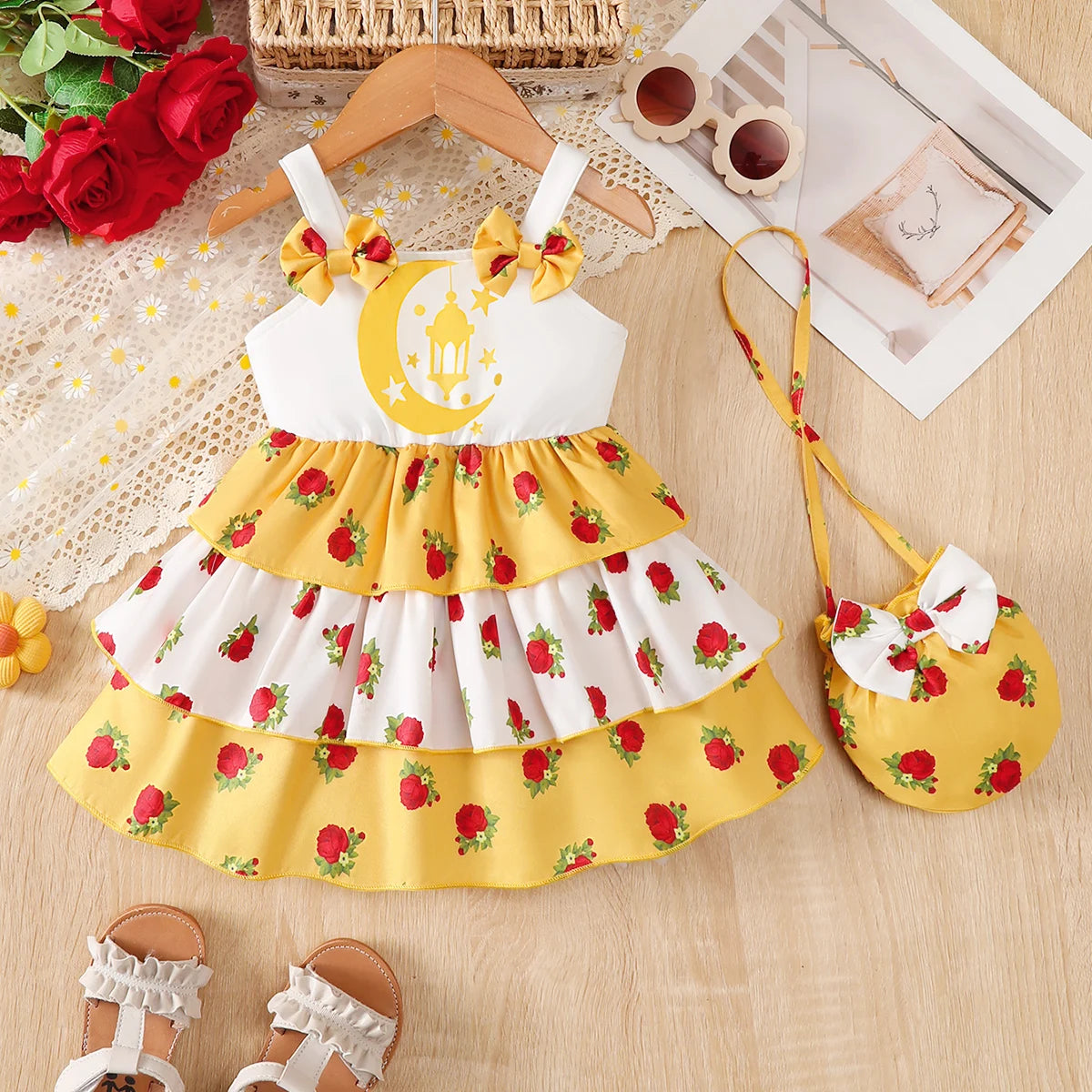 Baby Girl Dress, Comfortable and Versatile, Cute Sleeveless Strap Dress with Bow and Floral Print, Elegant Cake Dress + Crossbody Bag 2-Piece Set