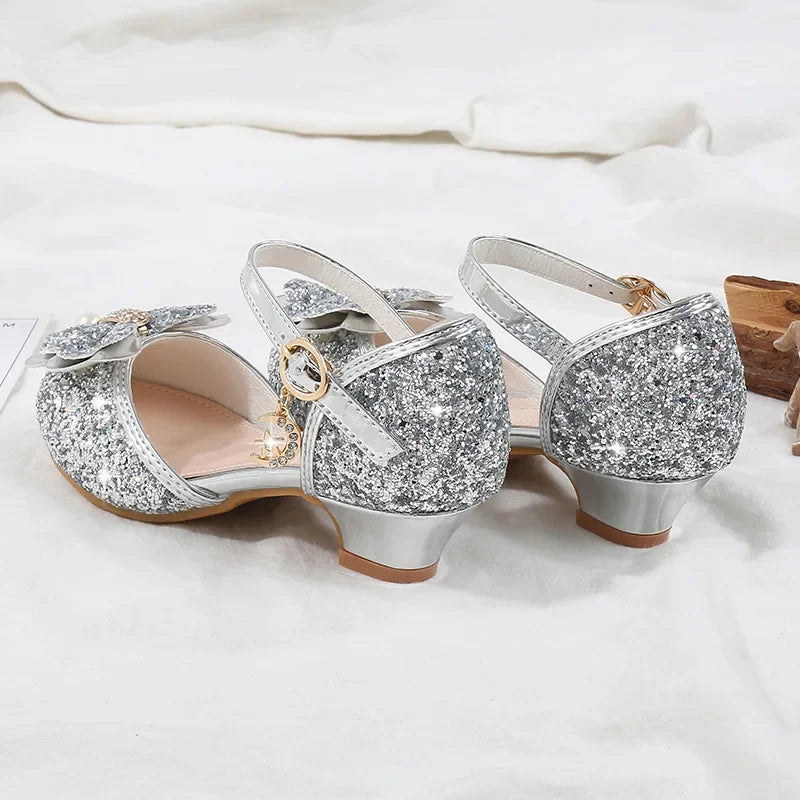 Girls' High Heels Fashion New Sequin Bow Shoes Children's Dance Single Shoes