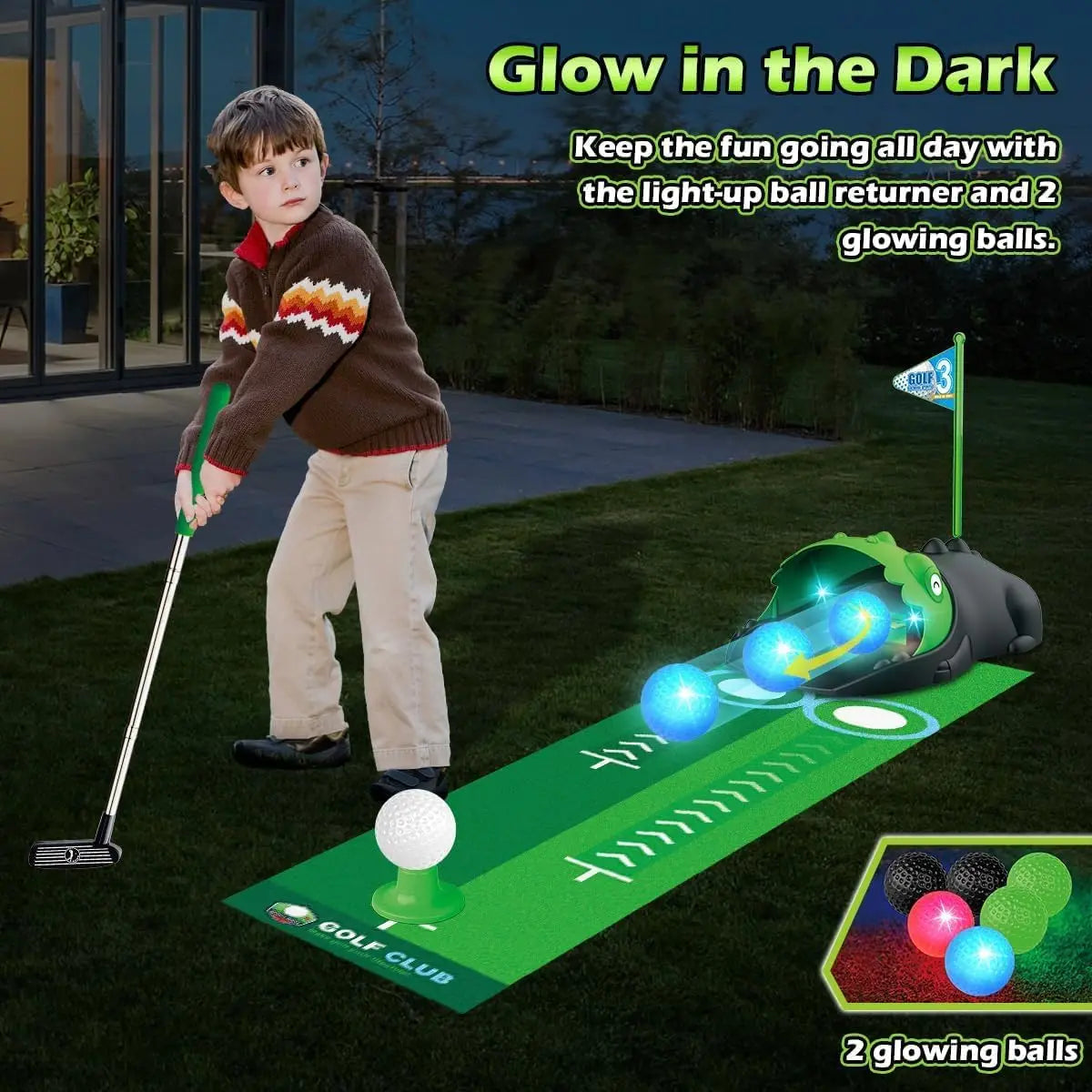 Kids Toy Golf Set Auto Returner Night Light Golf Balls Mat Toddler Mini Golf Game