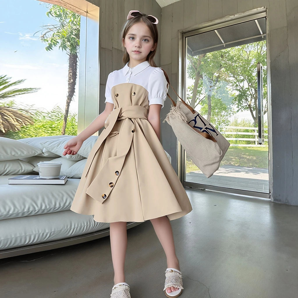 2025 Vintage Elegant Kids Girl Dress Summer Short Sleeves Graduation  Dress
