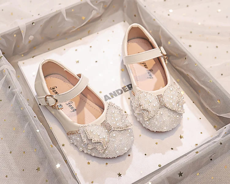 Autumn Fashion Pearl Bow Rhinestone Little Girl Shoes Flat Heels Kids Princess Shoes