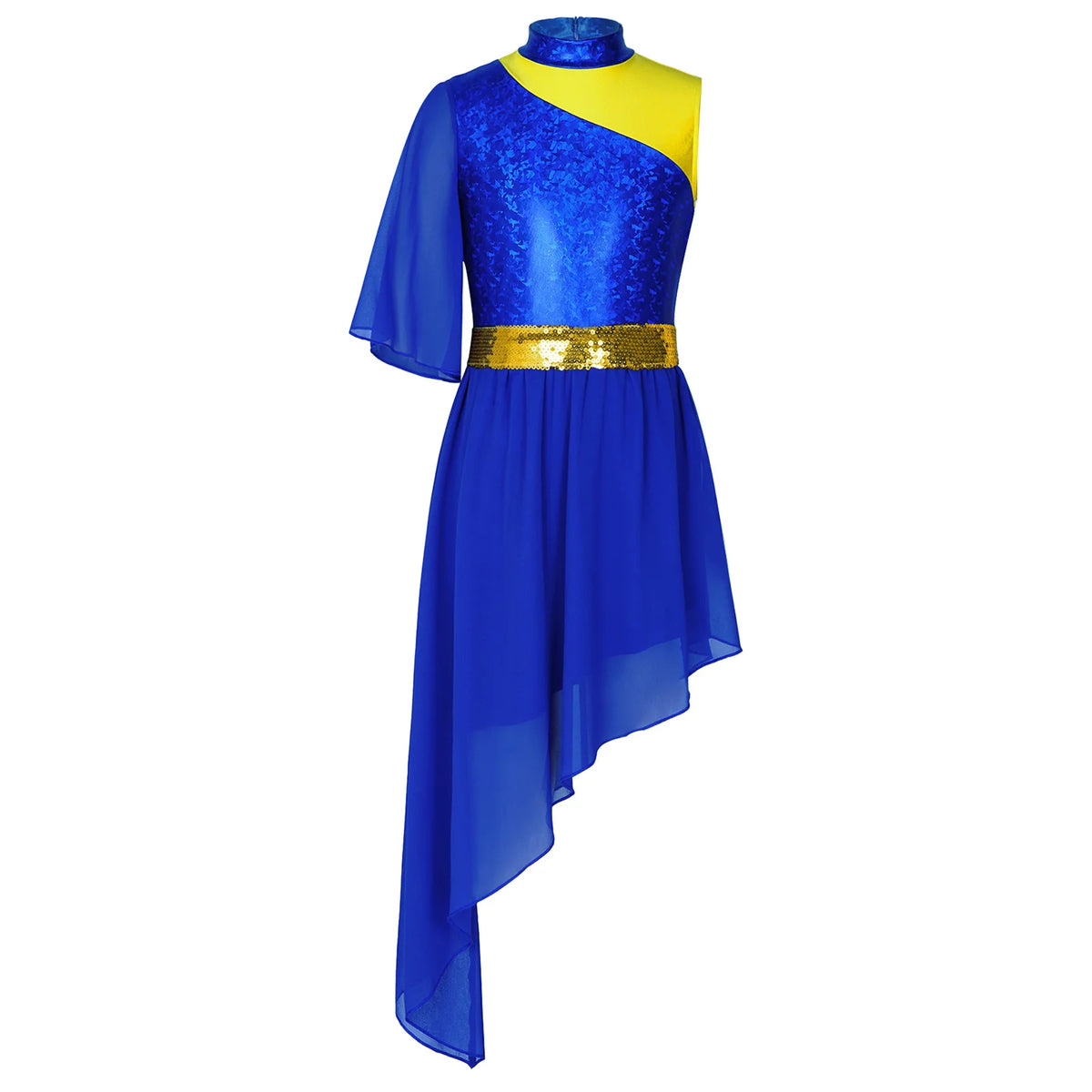 Kids Girls Lyrical Contemporary Worship Liturgical Praise Dance Dress Flare Sleeve Sequin Splice Dress Performance Costume