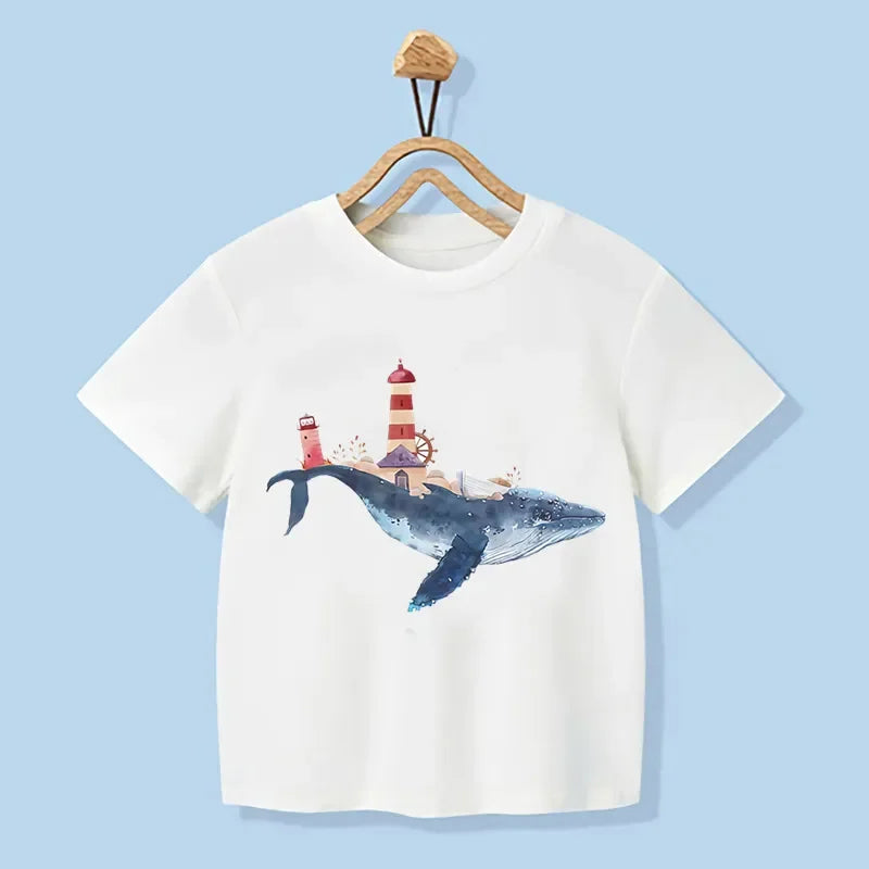 Joseph Whale Print Cartoon Kids Tees