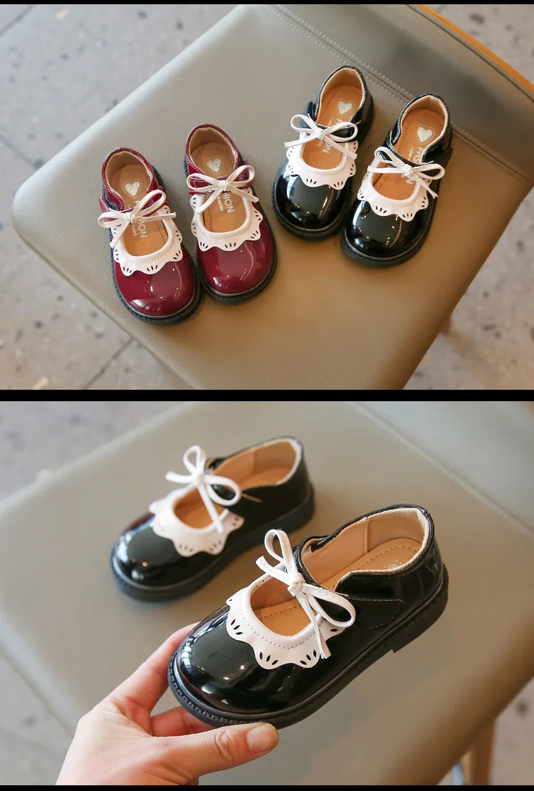 Girl's Princess Shoes Wine Red Black Ruffles Elegant Patent Leather Bowknot Children Flat Shoes 21-35 Toddler Kids Single Shoe