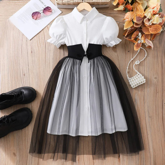 8-12 Yrs Girl Dress Summer Black and White Short Sleeve Children Dresses