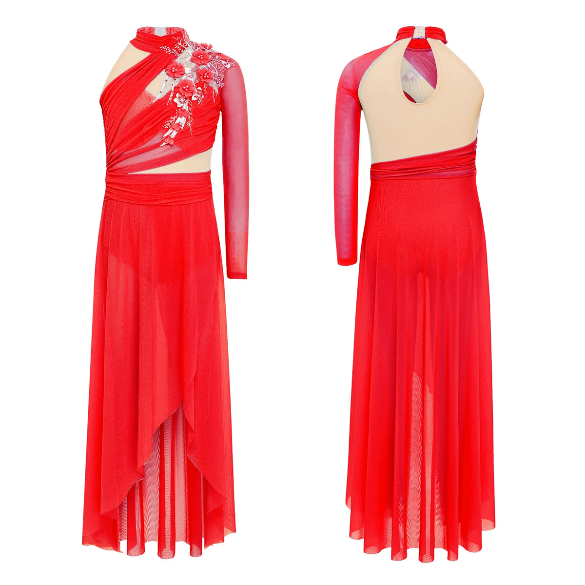 Girls Delicate 3D Flower Lyrical Dance Dress Asymmetrical Ruched Long Dress Gymnastics Modern Dance Clothes Performance Dress