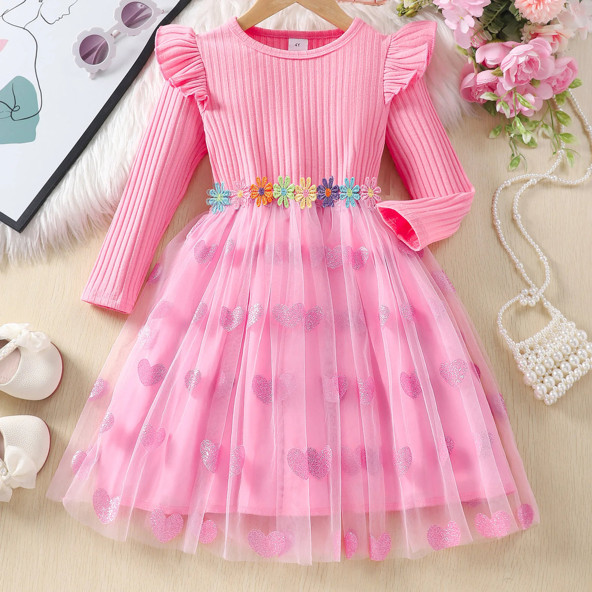 2024 Girls Dress Spring Autumn Long Sleeve Gauze Colorful Flower Belt Children Clothes Girls Dress