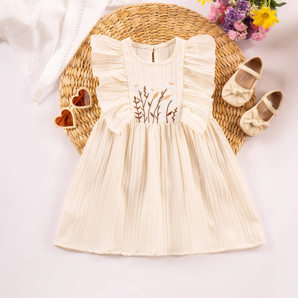 Baby Girls Floral Embroidery Dress Knee-Length with Ruffled Sleeves
