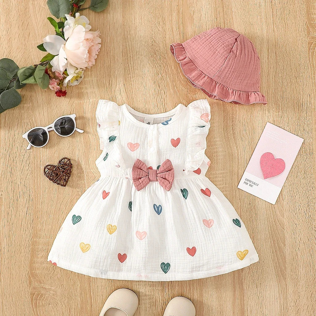 Newborn Baby Girl Sweet Cotton Dress Sleeveless Love Pattern Dress+Hat