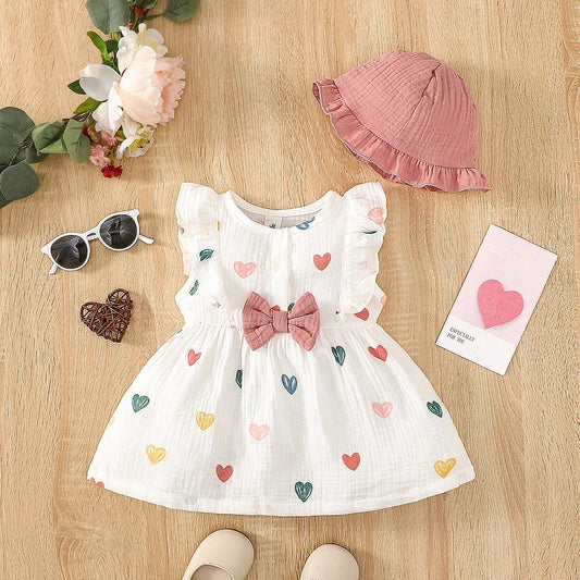 Newborn Baby Girl Sweet Cotton Dress Sleeveless Love Pattern Dress+Hat