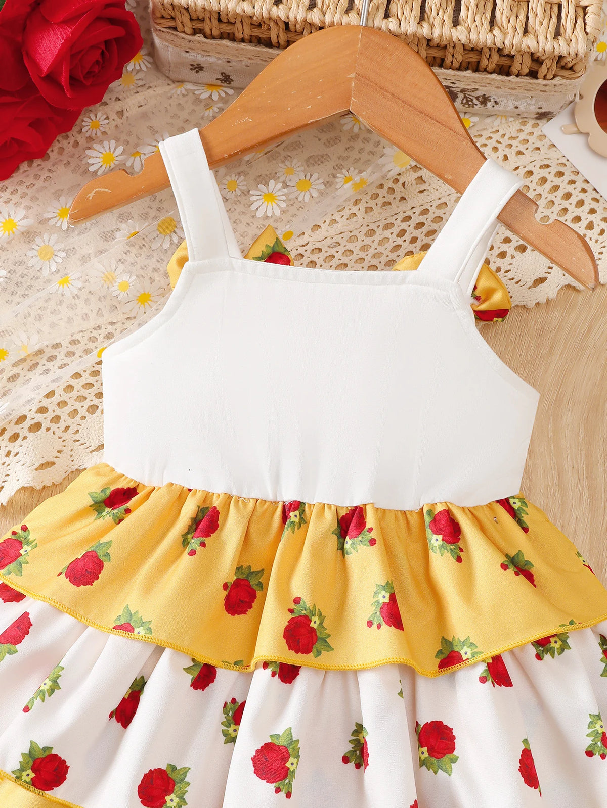 Baby Girl Dress, Comfortable and Versatile, Cute Sleeveless Strap Dress with Bow and Floral Print, Elegant Cake Dress + Crossbody Bag 2-Piece Set