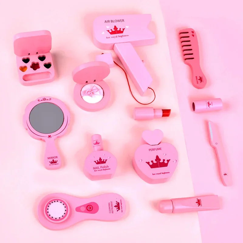 New Wooden Girls Makeup Set Pink Make Up Bag Toy Wood Simulation Cosmetic Handbag Pretend Play Toys For Girl Gifts Pretend Play