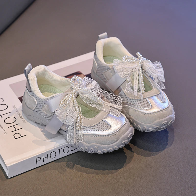 2026 Summer Kids Sport Sneakers for Girl Pearl Lace Mary Jane Flats Lightweight Non-Slip