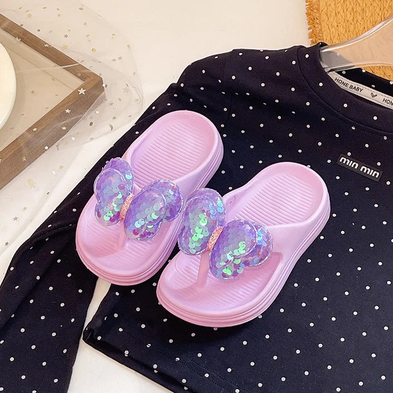 Bling Butterfly Girls Princess Slippers Summer Solid EVA Waterproof Children Flip Flops Fashion Soft Bottom Kids Beach Slippers