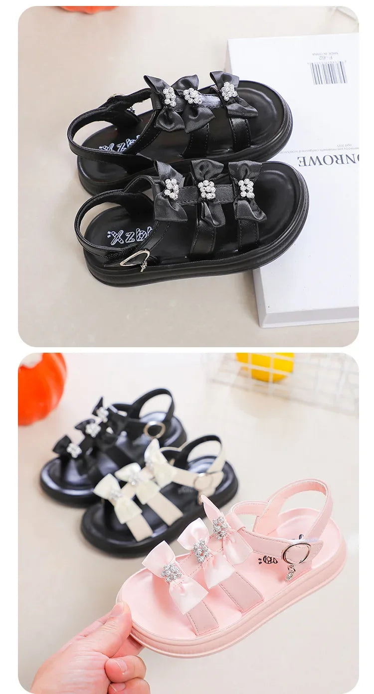 Girls Beach Shoes with Sweet Bows Soft Sole Kids Sandals Versatile 2025 Summer New Children Princess Shoes