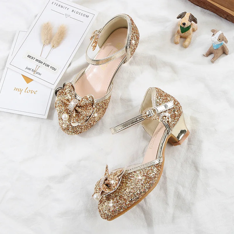 Girls' High Heels Fashion New Sequin Bow Shoes Children's Dance Single Shoes